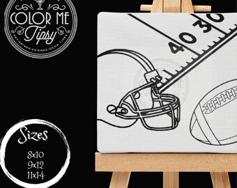 May include: Black and white line art illustration of a football helmet, football, and a measuring tape with the numbers 40 and 30 visible. The illustration is on a small white canvas on an easel.