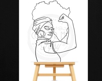 May include: A black and white line art drawing of a woman with an afro hairstyle, wearing a headscarf and glasses, with her arm raised in a 'We Can Do It' pose. The drawing is on a wooden easel.