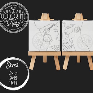 May include: Two black and white line art paintings of a couple on canvases on easels. The paintings are ready to be colored in. The text "COLOR ME TIPSY" is visible on the canvases.