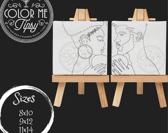 May include: Two black and white line art paintings of a couple on canvases on easels. The paintings are ready to be colored in. The text "COLOR ME TIPSY" is visible on the canvases.
