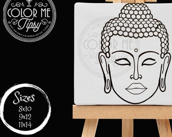 May include: A black and white line drawing of a Buddha's face on a white canvas, mounted on a wooden easel. The canvas is labeled "Color Me Tipsy" with a cocktail glass icon. The image also includes a circle with the text "Sizes" and the sizes 8x10, 9x12, and 11x14.