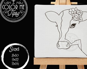 May include: A black and white line drawing of a cow's head with flowers on its head. The drawing is on a white canvas, which is on a wooden easel. The text "Sizes" is written in a circle with the numbers "8x10", "9x12", and "11x14" underneath.