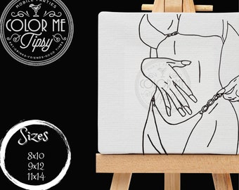May include: A black and white line drawing of a person on a white canvas, mounted on a wooden easel. The drawing is of a person with their hands on their waist, and a chain around their waist. The canvas is available in three sizes: 8x10 inches, 9x12 inches, and 11x14 inches.