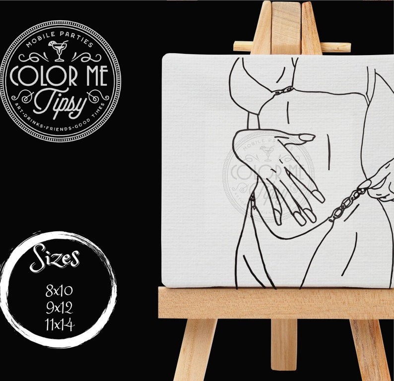 May include: A black and white line drawing of a person on a white canvas, mounted on a wooden easel. The drawing is of a person with their hands on their waist, and a chain around their waist. The canvas is available in three sizes: 8x10 inches, 9x12 inches, and 11x14 inches.