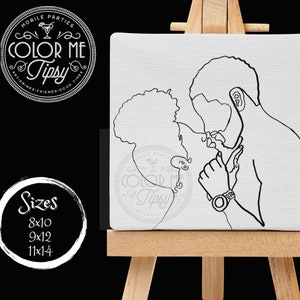 May include: A black and white line drawing of a couple kissing on a canvas. The canvas is displayed on a wooden easel. The canvas has the text "COLOR ME Tipsy" and "Sizes 8x10, 9x12, 11x14".