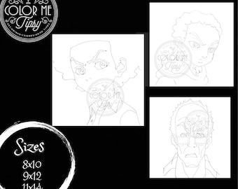 May include: Three black and white line drawings of cartoon characters. The characters are a young man with a large afro, a young boy with a large afro, and an older man with glasses. The drawings are for coloring.