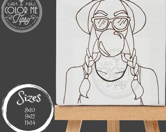 May include: A black and white line drawing of a person wearing a hat, sunglasses, and a large bubble. The drawing is on a white canvas mounted on a wooden easel. The text "Color Me Tipsy" is visible in a circle at the bottom of the canvas.