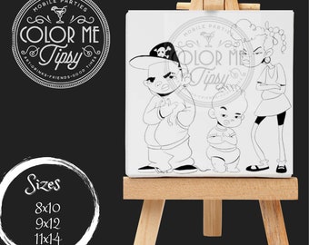 May include: Black and white line art illustration of three cartoon characters on a white canvas. The characters are a young man wearing a hat, a baby, and a young woman. The canvas is on a wooden easel. The text "COLOR ME TIPSY" is in a circle around a cocktail glass.