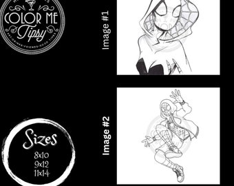 May include: Two black and white line drawings of Spider-Gwen, a superhero character. The first image shows Spider-Gwen with her hood up, and the second image shows her in a jumping pose with her arms outstretched.
