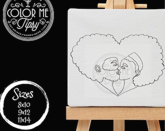 May include: Black and white line art illustration of a couple kissing, their hair forming a heart shape. The image is on a white canvas, which is on a wooden easel.