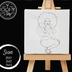 May include: Black and white line art drawing of a woman with an afro hairstyle, wearing a swimsuit, sitting with her legs crossed. The drawing is on a white canvas.