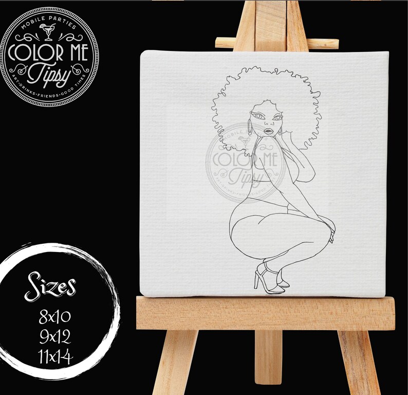 May include: Black and white line art drawing of a woman with an afro hairstyle, wearing a swimsuit, sitting with her legs crossed. The drawing is on a white canvas.
