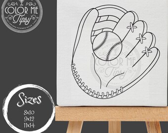 May include: A black and white line drawing of a baseball glove catching a baseball. The image is on a white canvas with a wooden easel.
