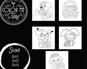 May include: Black and white coloring pages featuring various characters holding Easter eggs. The characters include a dog, Pikachu, Hello Kitty, and a bunny. The text "Color Me Tipsy" is in a circle at the top left of the image. The text "Sizes" is in a circle at the bottom left of the image with the sizes 8x10, 9x12, and 11x14.