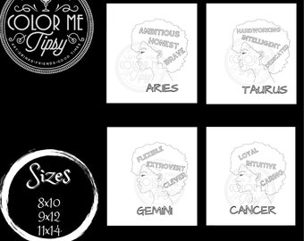 May include: Black and white coloring pages featuring zodiac signs with personality traits. The signs include Aries, Taurus, Gemini, and Cancer. The pages are available in three sizes: 8x10, 9x12, and 11x14 inches.