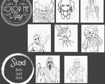 May include: Black and white illustrations of horror movie characters, including Pennywise, Jigsaw, and Freddy Krueger. The image also includes the text "Color Me Tipsy" and size options of 8x10, 9x12, and 11x14 inches.