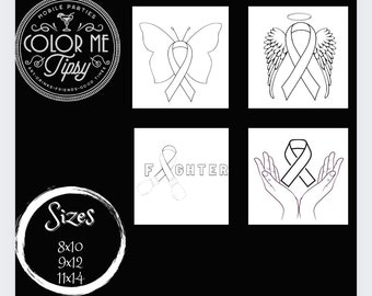 May include: Four black and white coloring pages featuring different ribbon designs. The designs include a butterfly, angel wings, a fist with the word "Fighter" and hands holding a ribbon. The text "Sizes 8x10, 9x12, 11x14" is in the lower left corner.
