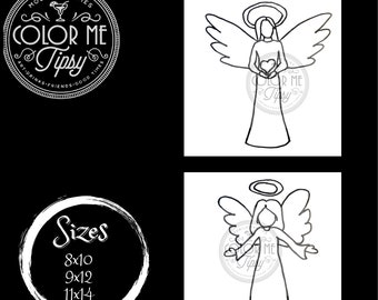 May include: Two black and white line drawings of angels. The angel on the top is holding a heart. The angel on the bottom is spreading its wings. The text "Color Me Tipsy" is in a circle around the angels. The text "Sizes" is in a circle with the numbers "8x10", "9x12", and "11x14" underneath.