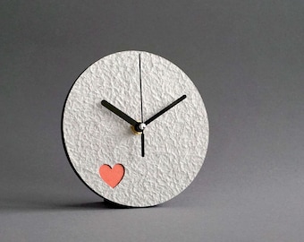 Minimalist Round Mantel Clock With Heart, Romantic 1st Anniversary Gift For Her, Handmade Upcycled Paper Desk Clock, Housewarming Gift