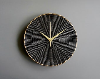 Black minimalist wall clock woven from ecological wicker, Handmade wall decoration for modern interior, 1st anniversary gift for couple