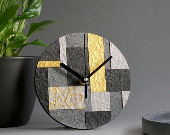 Handmade Recycled Paper Mantel Clock – Minimalist Geometric Design, Textured, Metallic Accents, Sustainable & Mindful Home Decor