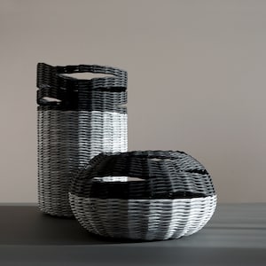 Monochrimatic sculptural baskets for modern living room, Hand woven industrial home decoration, Recycled paper decorative artwork image 2