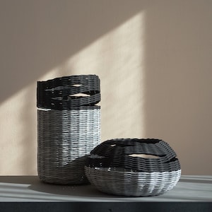 Monochrimatic sculptural baskets for modern living room, Hand woven industrial home decoration, Recycled paper decorative artwork image 1