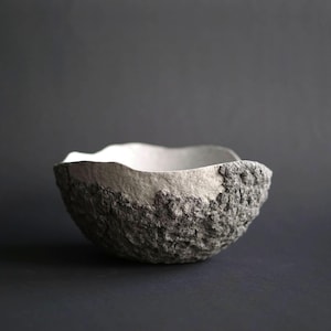 Handmade grey paper mache bowl, Organic textured decorative vessel with earthy tones, Stone like home decor