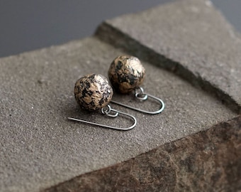 Black & gold ball earrings handmade from recycled paper, 1st anniversary gift for wife, Delicate office jewellery for woman