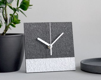 Grey geometric desk clock for minimalist living room, Small industrial table clock handmade from waste paper, Sustainable gift for couple