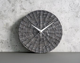 Grey handwoven wall clock for modern industrial interior, Eco friendly decoration for new home owner, Sustainable farmhouse decoration