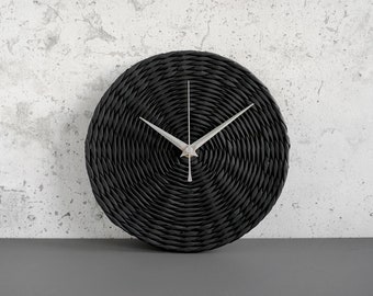 Black Minimalist Wall Clock Handmade From Eco Wicker, Modern Industrial Interior Home Decoration, 1st Wedding Anniversary Gift For Couple