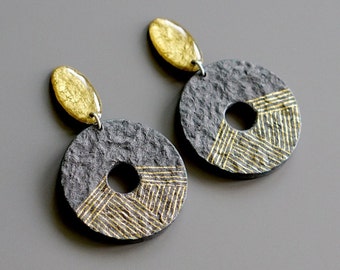 Big textured statement earrings handmade from recycled paper, Unique modern jewellery, Raw industrial hoops, Birthday Gift For Her