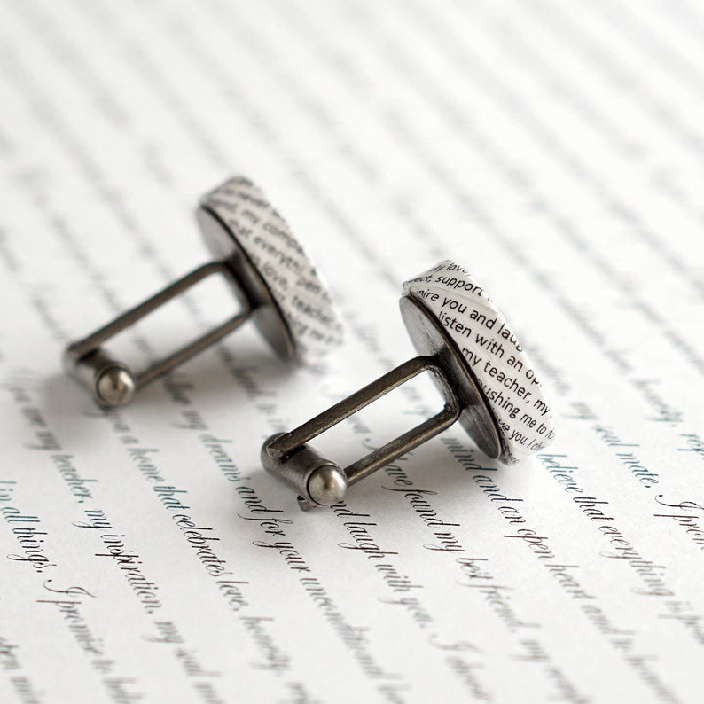 First Anniversary Gift For Him, Unique Cufflinks Handmade From Paper Personalised With Your Wedding Vows, Song Lyrics or Love Letter image 6