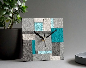 Modern eco friendly desk clock made from recycled paper, Contemporary geometric grey table clock for sustainable home, 1st anniversary gift