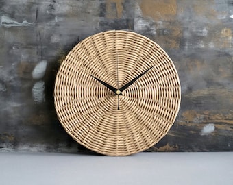 Modern Beige Wall Clock Handwoven From Ecological Wicker, Handmade Paper Home Decor, Eco Friendly Farmhouse Decorations, Gift for Couple