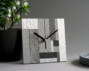 Eco friendly mantel clock handmade from recycled paper, Grey industrial table clock for sustainable home, 1 anniversary gift for couple