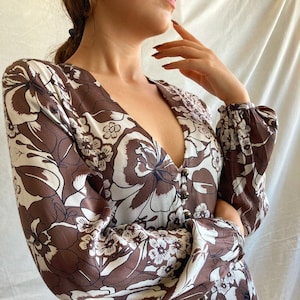 Silk Dress in Brown and Beige KATHRINE/ Long Silk Dress with Front Slit/ Floral Silk Dress with Buttons