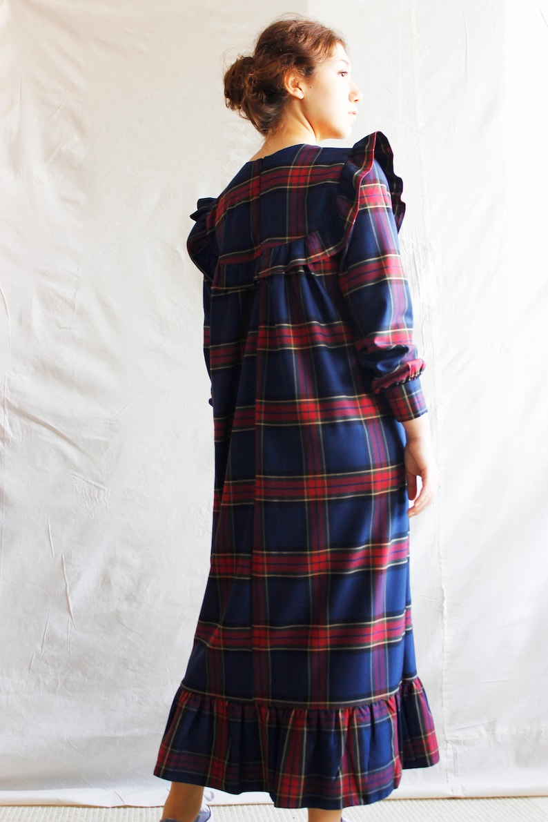 Checked Cotton Dress w Ruffle Skirt Ruffle Yoke Neck Dress Navy Blue Plaid Long Dress
