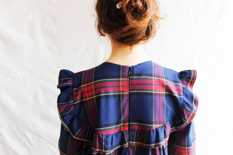 Checked Cotton Dress w Ruffle Skirt Ruffle Yoke Neck Dress Navy Blue Plaid Long Dress