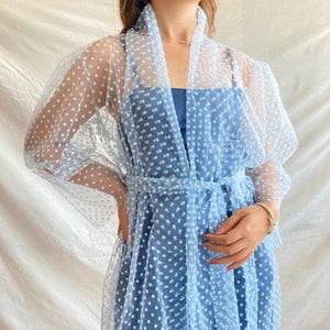Sheer Silk Kimono Jacket CINDY/ Blue and White Polka Dot Kimono Robe/ Silk Organza Puff Sleeve Top/ Bridal Kimono Robe