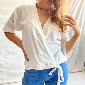 White Linen Blouse YASMINE, Wrap Linen Top, Gathered Waist Linen Blouse, Kimono Sleeve Linen Blouse