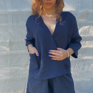 Linen jacket LONDON in navy blue , Linen cardigan with pockets, Organic linen coat, Loose fit linen jacket