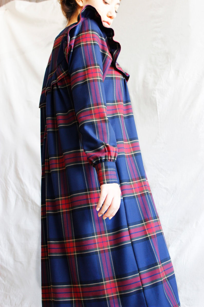 Checked Cotton Dress w Ruffle Skirt Ruffle Yoke Neck Dress Navy Blue Plaid Long Dress