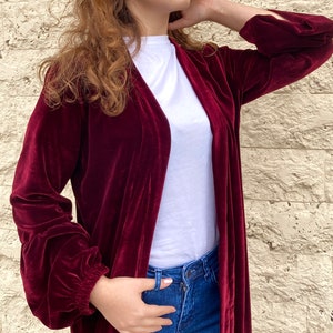 Burgundy Velvet Kimono Robe/ Long Bishop Sleeve Kimono