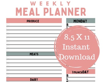 Weekly Meal Planner Printable | Shopping, Grocery, Food List | Planner Insert| Instant Download, Busy Moms Planner