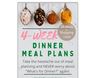 Könnte beinhalten: Eine rosa und grüne Grafik mit dem Text "4-WEEK DINNER MEAL PLANS" und dem Slogan "Take the headache out of meal planning and NEVER worry about "What's for Dinner?" again!" Die Grafik enthält auch den Text "28 Meals + Shopping Lists!" und ein Bild von vier Löffeln mit verschiedenen Gewürzen.