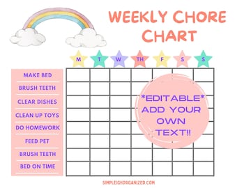 Editable Chore Chart for Girls, Printable Chore Chart For Kids, Daily Kids Chore Responsibility Chart Instant Download, Busy Moms Planner