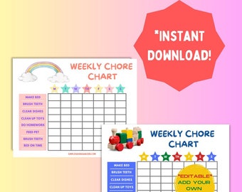 May include: Two printable weekly chore charts for children. The first chart features a rainbow and stars. The second chart features a toy train and stars. Both charts have the days of the week listed across the top and a list of chores down the side. The text on the second chart says "*Editable* Add Your Own Text!"