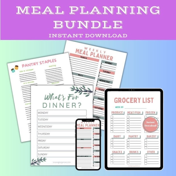 Weekly Meal Planner Printable, GoodNotes, Pantry Checklist, Grocery List PDF, Instant Download, Home Organization Bundle, Busy Moms